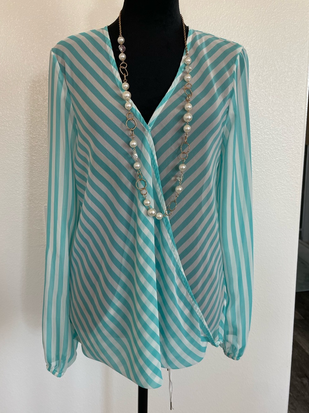 BEBE Striped Wrap V-Neck Blouse - Aqua